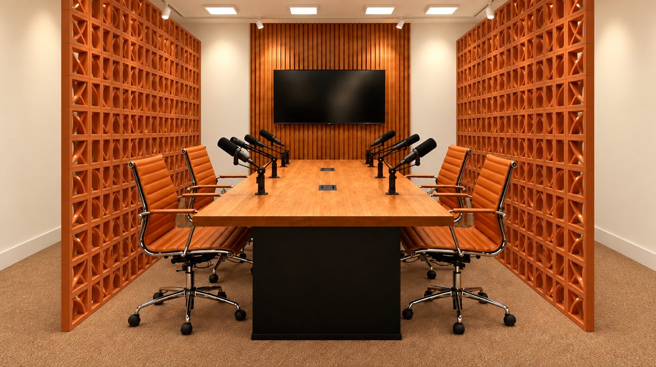 MesaCast: mesa de madeira para seis pessoas com microfones, painel ripado e TV